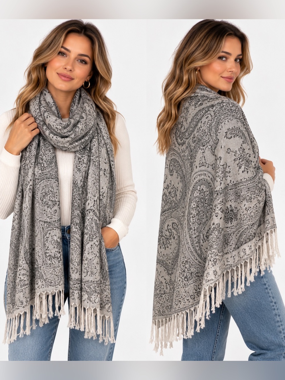 Gray and Ivory Paisley Scarf wrap